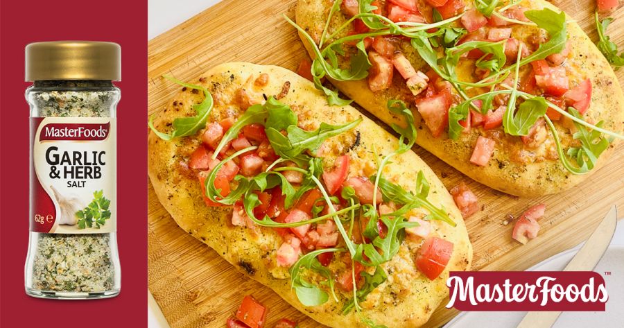 MasterFoods Garlic and Herb Seasoning Cheddar Foccacia with Chunky Tomatoes and Cheddar Salad