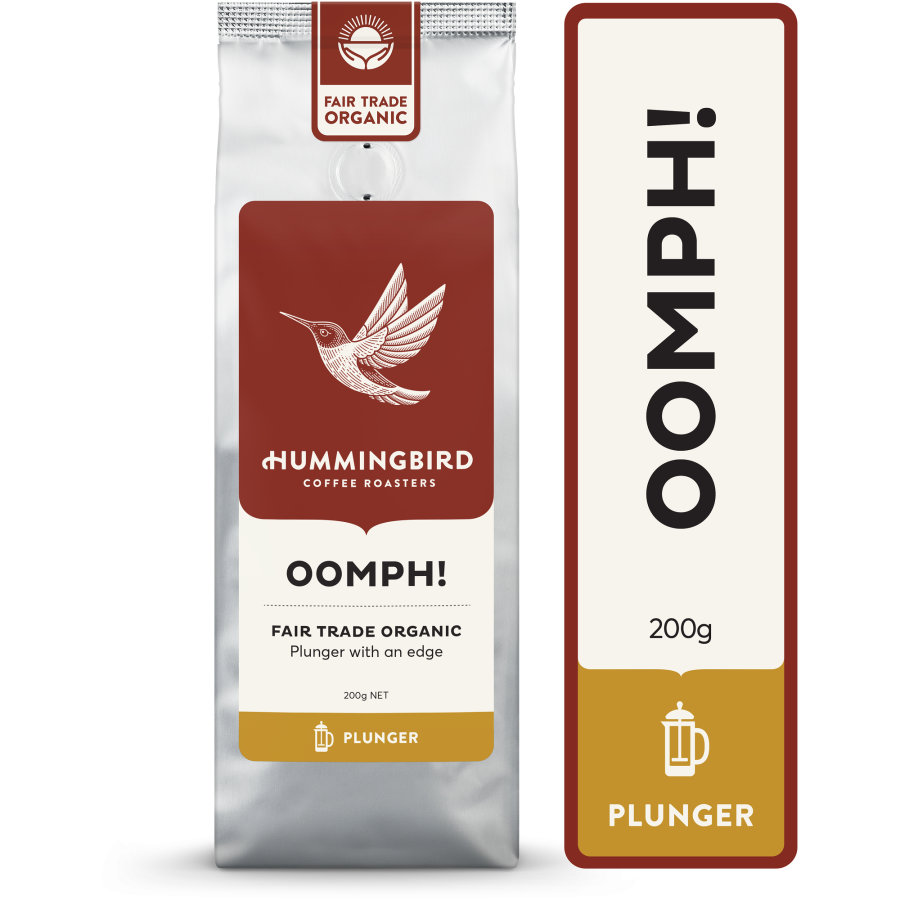 Hummingbird Oomph! Organic Plunger Grind Coffee Reviews Black Box