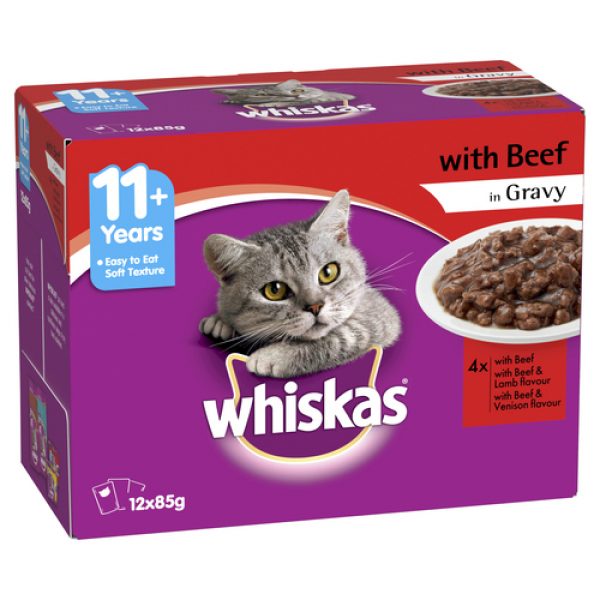 Whiskas Senior 11+ Wet Cat Food with Beef in Gravy 12 X 85g Pouches