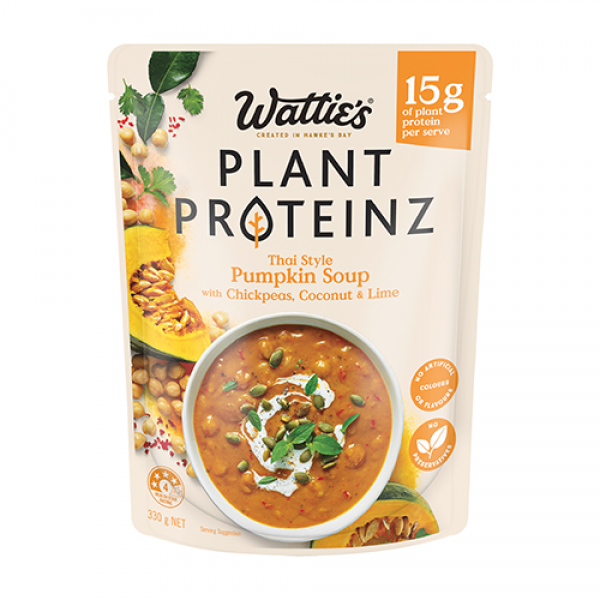 thai style pumpkin soup with chickpeas, coconut & lime