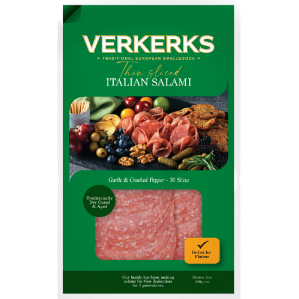 Verkerk's Thin Sliced Italian Salami, Garlic & Cracked Pepper