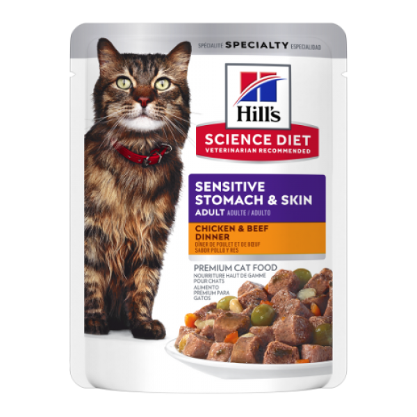 Hill’s Science Diet Adult Sensitive Stomach & Skin Cat Pouch – Chicken & Beef