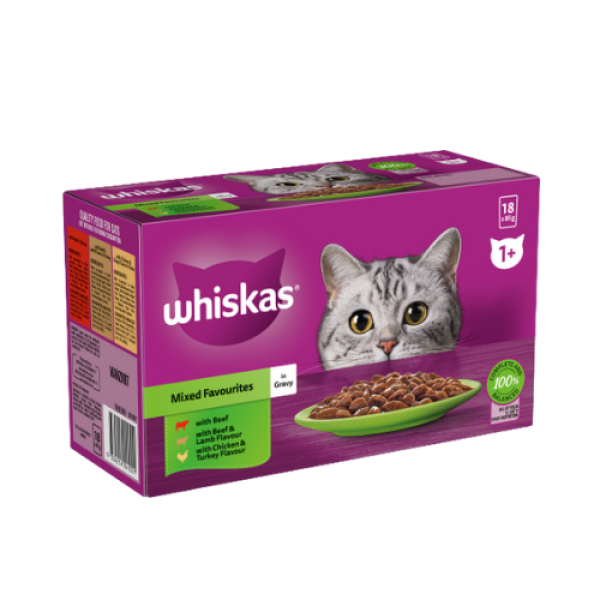 Whiskas Wet Cat Food ‘Mixed Favourites in Gravy’ 85g Pouches (12 and 18 pack)