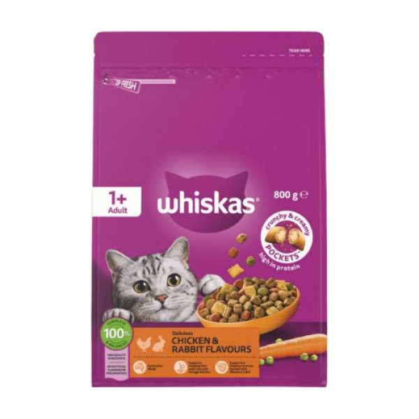 WHISKAS® 1+ Years Adult Dry Cat Food with Chicken & Rabbit Flavours