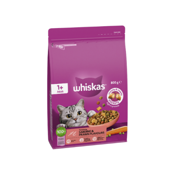 WHISKAS® 1+ Years Adult Dry Cat Food with Sardine & Prawn 800g