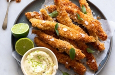 Panko and Spice Crumbed Schnitzel Strips with Lime Mayo