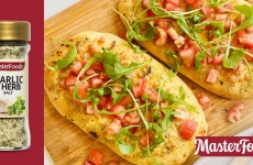 Garlic and Herb Cheddar Focaccia with Chunky Tomatoes and Rocket